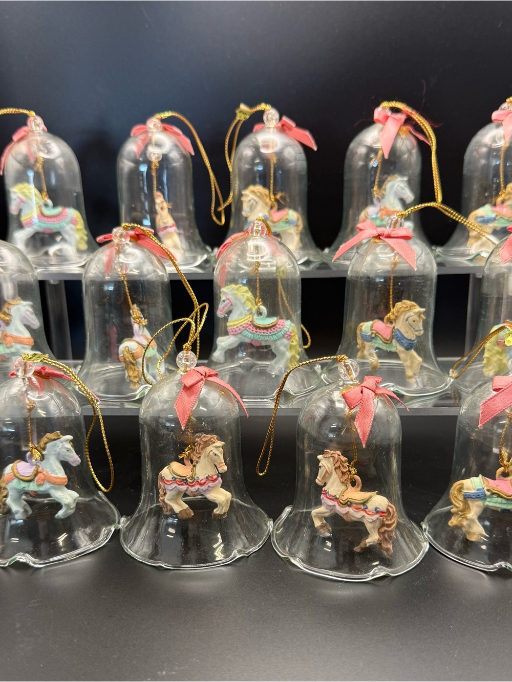 Glass Bell Carousel Horse Ornament - Pink Ribbon